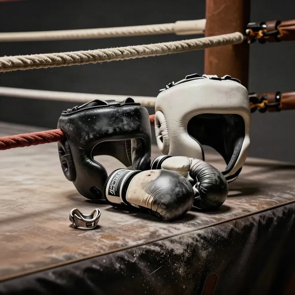 Sparring gear arranged in the ring: headguards, gloves, stool and mouthguard case in moody light.