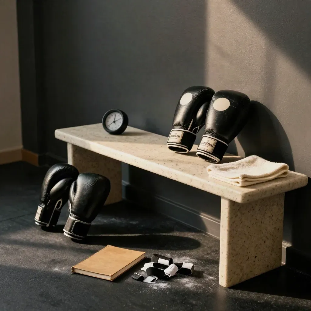 Boxing private coaching setup with mitts, belly pad, timer and notebook on a bench.