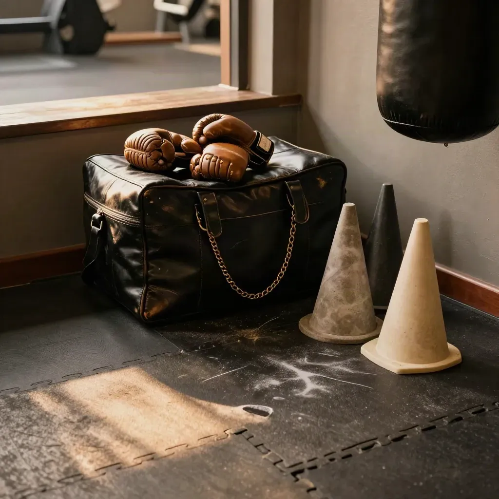 Kids boxing station with gloves, low bag and cones on a rubber gym floor.