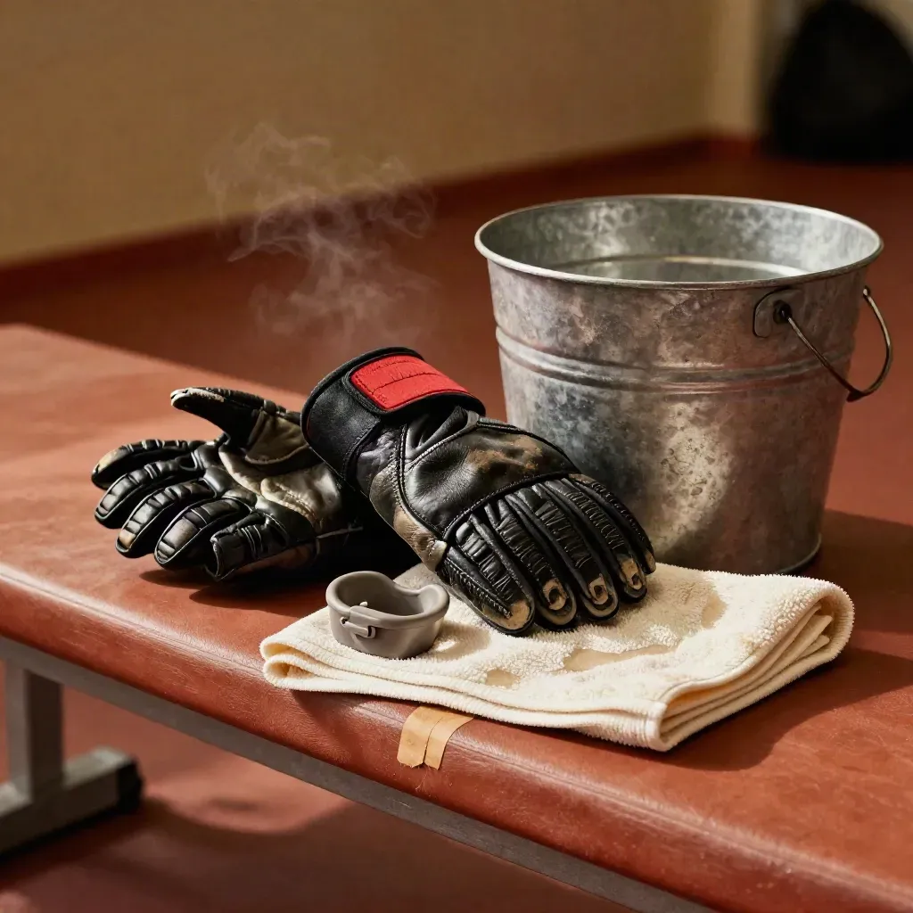 Fight camp prep bench with wrapped gloves, mouthguard case, towel, bucket and taped canvas edge.