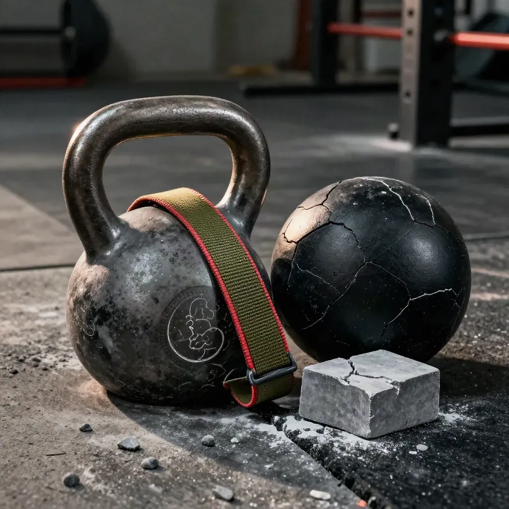 Kettlebell handle, sled strap, medicine ball seam and chalk block on worn concrete floor.