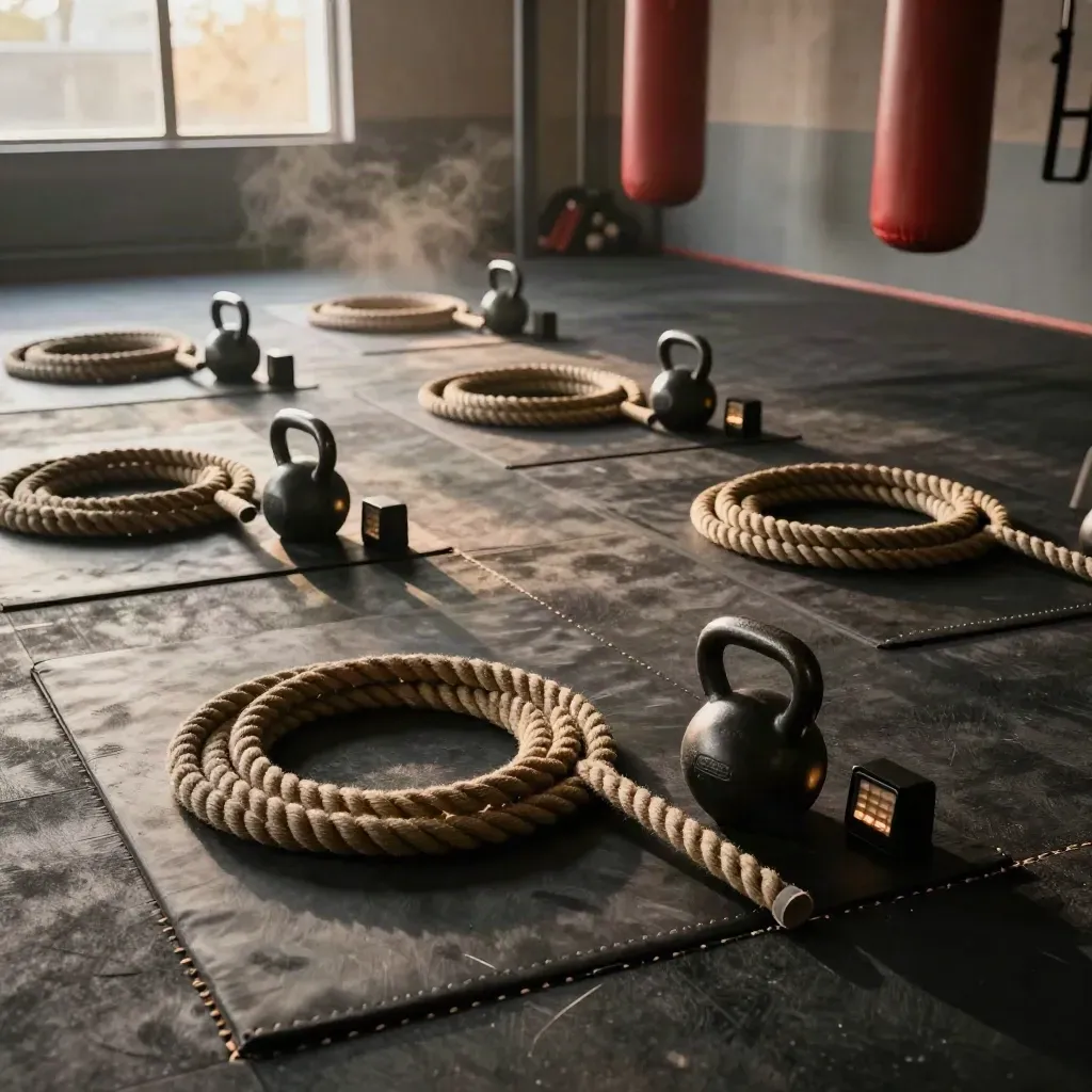 Empty boxing class stations with mats, ropes, kettlebell and timers on a charcoal gym floor.