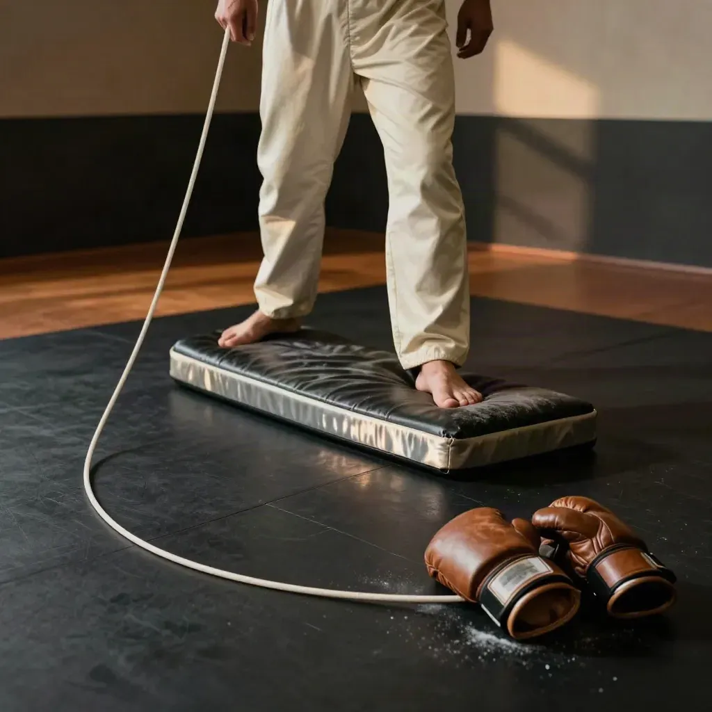 Boxing lane with stance marks, pad, jump rope and gloves in moody gym light