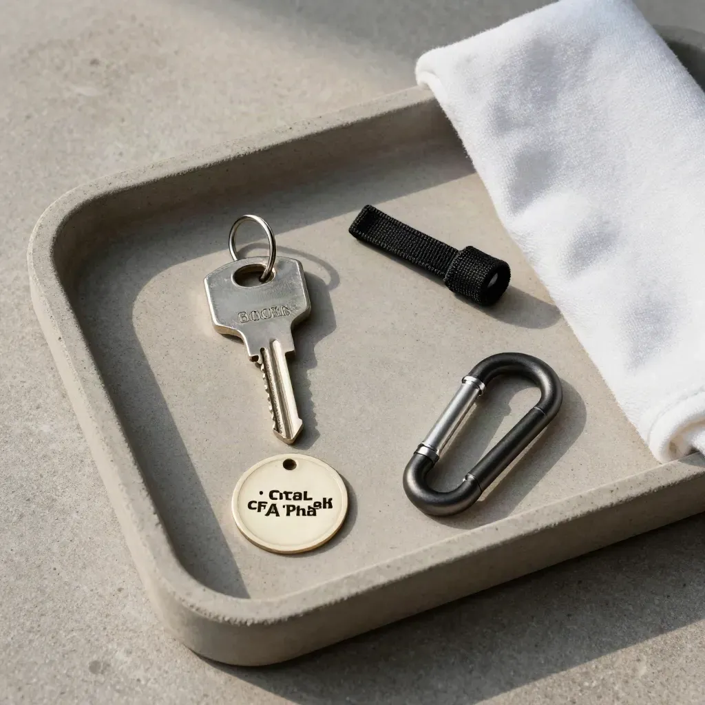 Top-down boxing booking kit on stone tray with key, token, zip pull, carabiner and white cloth.
