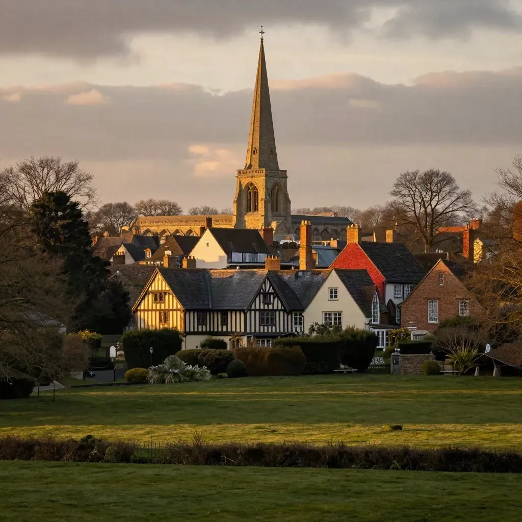 Solihull skyline with Tudor timberline, church spire and calm parkland in golden evening light.