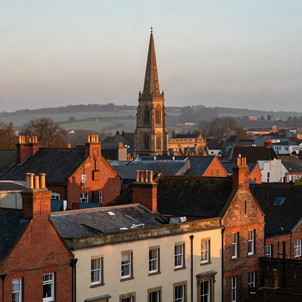 Wolverhampton roofline and church tower above a soft terracotta hillside at warm evening light